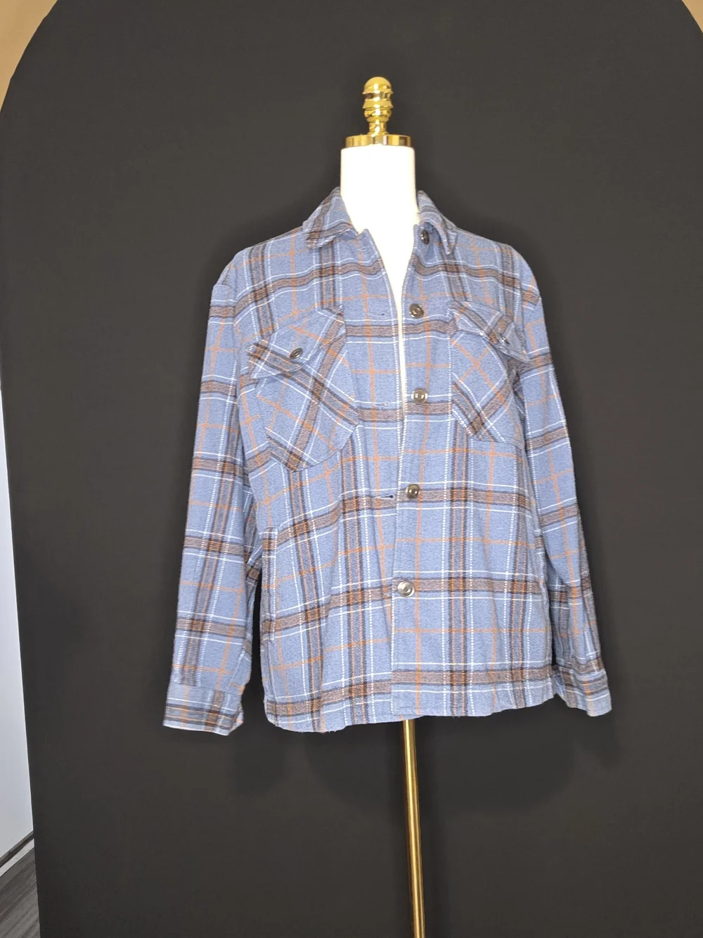 Velvet Heart Blue Plaid Utility Shacket with Brown Accents